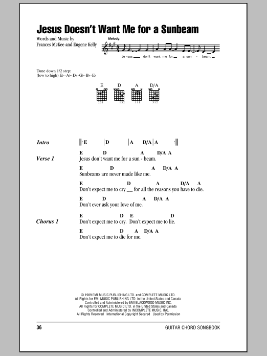 Nirvana Jesus Doesn't Want Me For A Sunbeam sheet music notes and chords. Download Printable PDF.