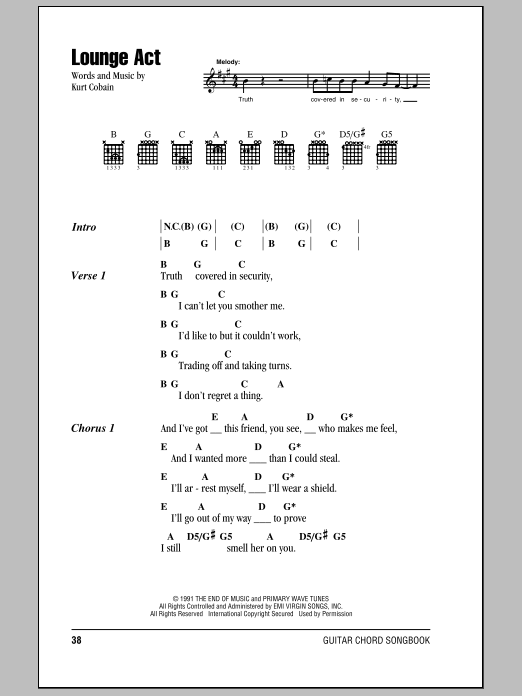 Learn to play Nirvana Lounge Act sheet music for Guitar Chords/Lyrics in minutes. Price: 4.4900$ Nirvana Lounge Act sheet music notes and chords arranged for Guitar Chords/Lyrics