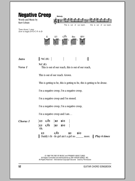 Learn to play Nirvana Negative Creep sheet music for Piano, Vocal & Guitar Chords (Right-Hand Melody) in minutes. Price: 7.8900$ Nirvana Negative Creep sheet music notes and chords arranged for Piano, Vocal & Guitar Chords (Right-Hand Melody)