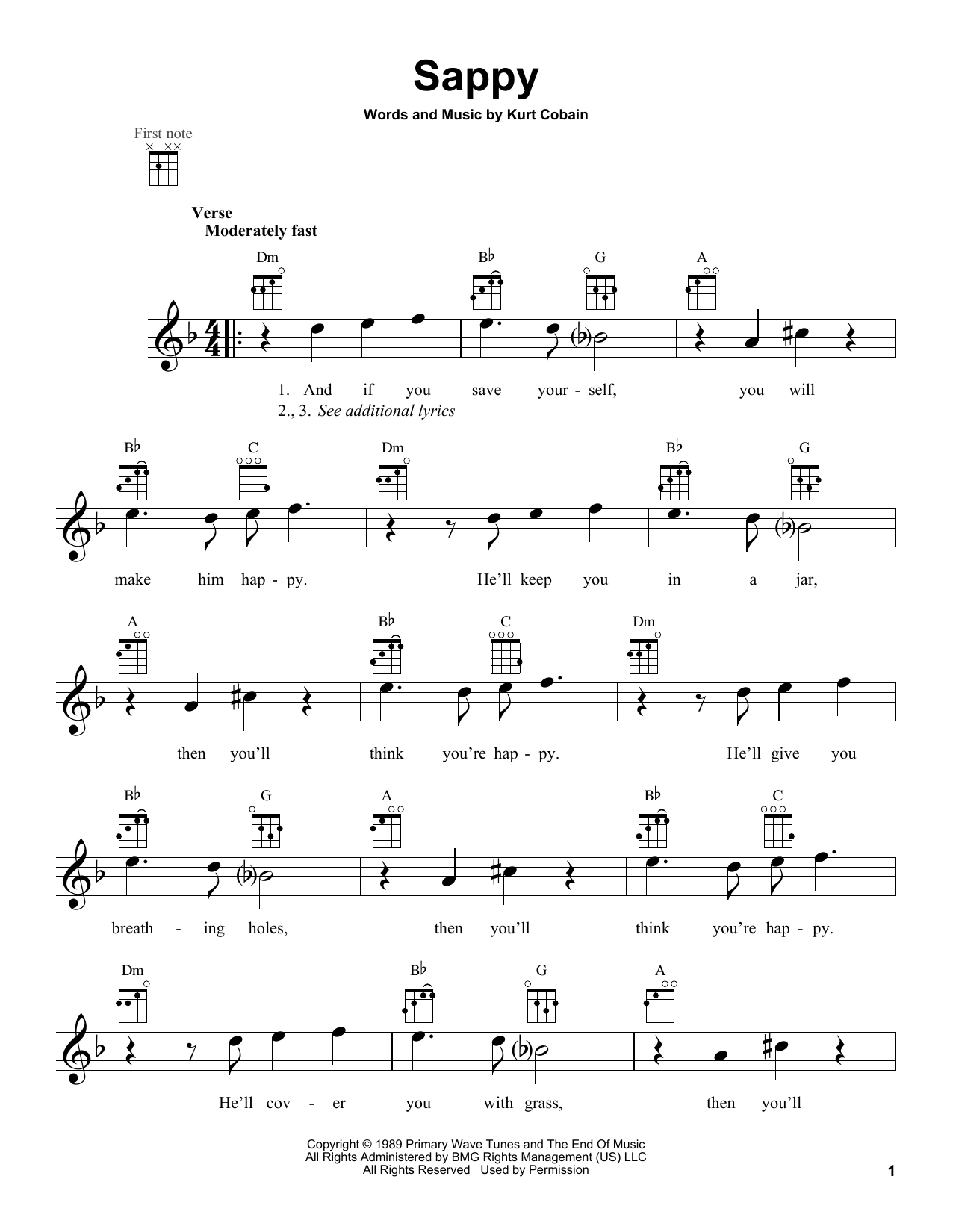 Learn to play Nirvana Sappy sheet music for Ukulele in minutes. Price: 5.9900$ Nirvana Sappy sheet music notes and chords arranged for Ukulele