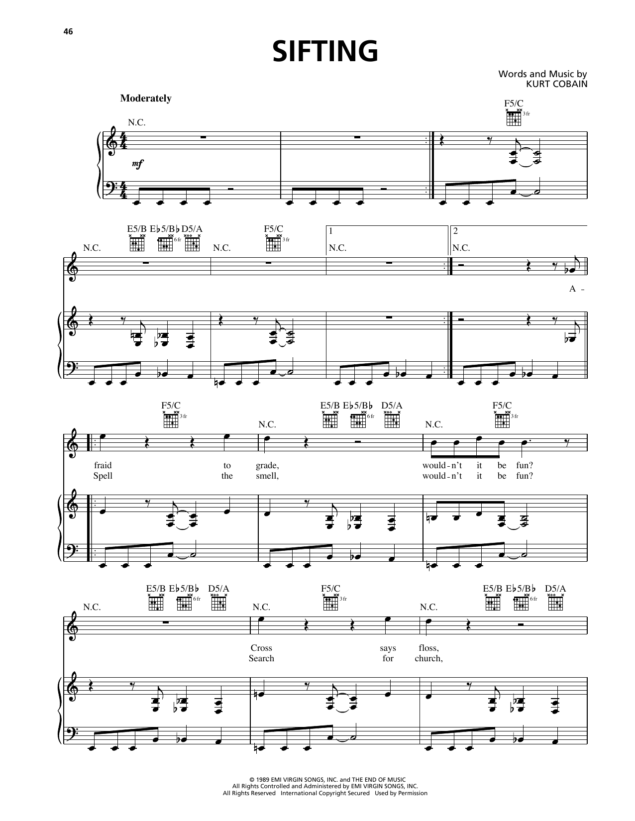 Learn to play Nirvana Sifting sheet music for Piano, Vocal & Guitar Chords (Right-Hand Melody) in minutes. Price: 7.8900$ Nirvana Sifting sheet music notes and chords arranged for Piano, Vocal & Guitar Chords (Right-Hand Melody)