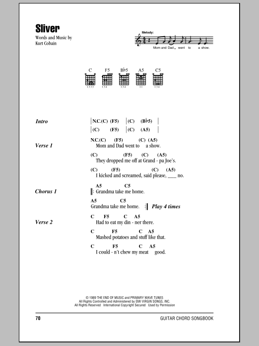 Nirvana Sliver sheet music notes and chords arranged for Guitar Chords/Lyrics