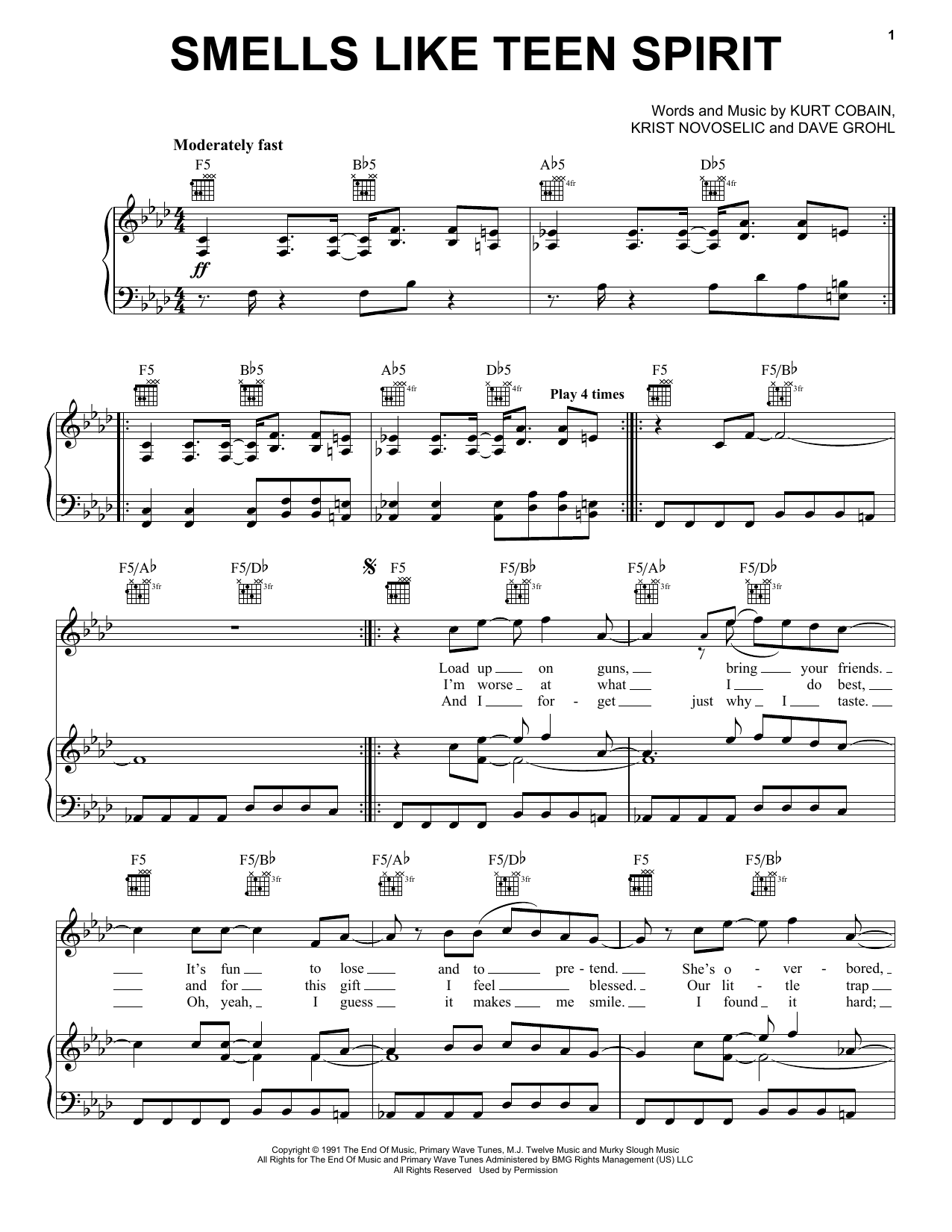 Nirvana Smells Like Teen Spirit sheet music notes and chords. Download Printable PDF.