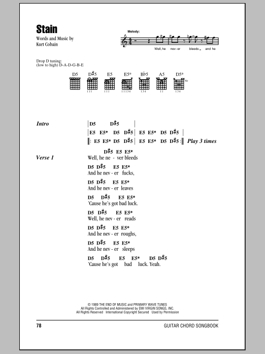 Nirvana Stain sheet music notes and chords arranged for Piano, Vocal & Guitar Chords (Right-Hand Melody)