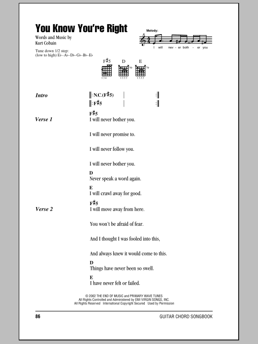 Learn to play Nirvana You Know You're Right sheet music for Ukulele in minutes. Price: 5.9900$ Nirvana You Know You're Right sheet music notes and chords arranged for Ukulele