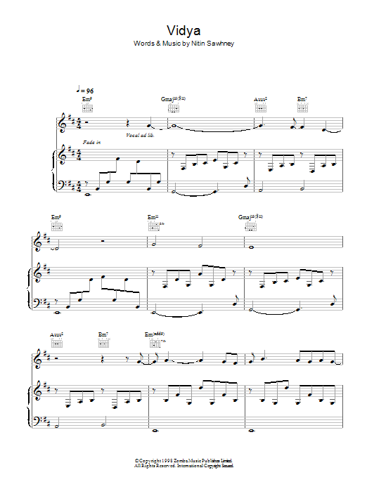 Learn to play Nitin Sawhney Vidya sheet music for Piano, Vocal & Guitar Chords in minutes. Price: 7.8900$ Nitin Sawhney Vidya sheet music notes and chords arranged for Piano, Vocal & Guitar Chords