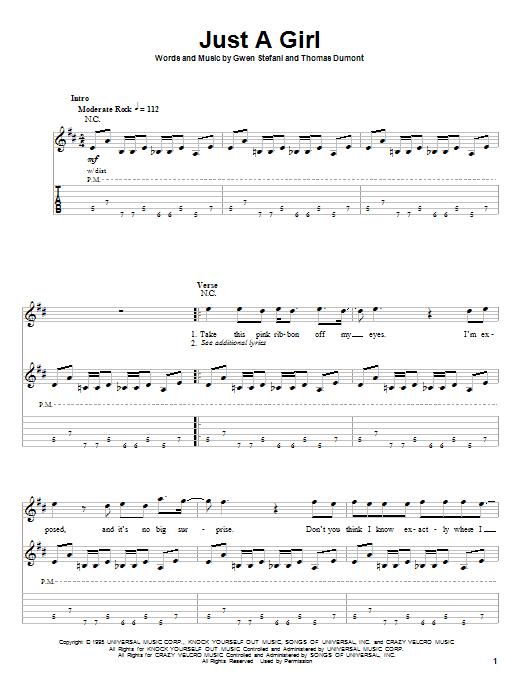 No Doubt Just A Girl sheet music notes and chords. Download Printable PDF.