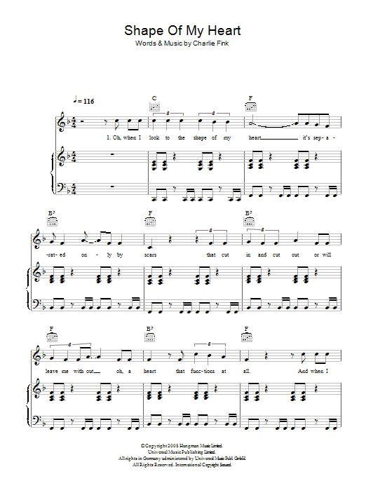 Learn to play Noah And The Whale Shape Of My Heart sheet music for Piano, Vocal & Guitar Chords in minutes. Price: 7.8900$ Noah And The Whale Shape Of My Heart sheet music notes and chords arranged for Piano, Vocal & Guitar Chords