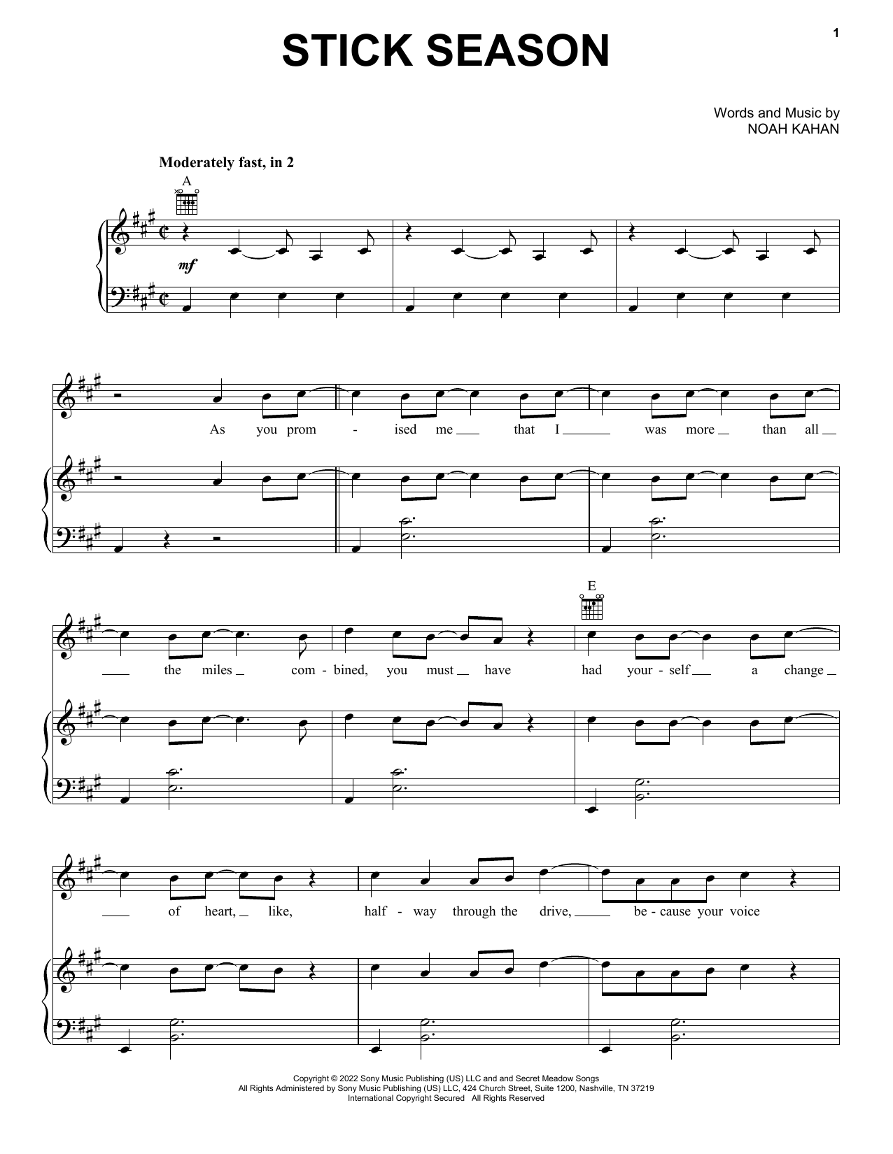 Noah Kahan Stick Season sheet music notes and chords. Download Printable PDF.