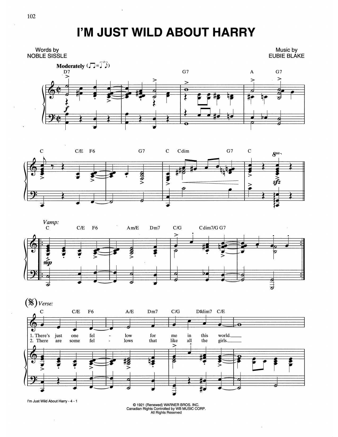 Learn to play Noble Sissle I'm Just Wild About Harry sheet music for Real Book – Melody & Chords in minutes. Price: 5.9900$ Noble Sissle I'm Just Wild About Harry sheet music notes and chords arranged for Real Book – Melody & Chords