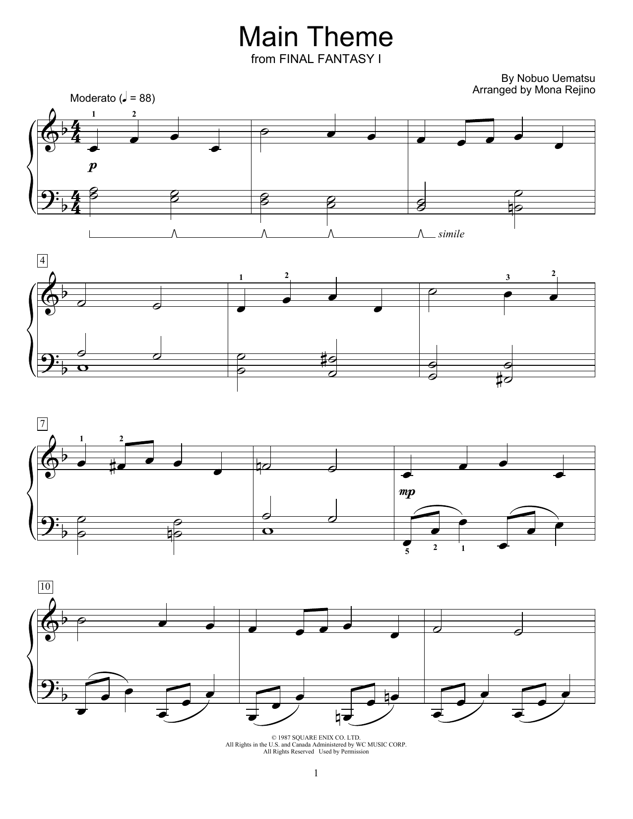 Learn to play Nobuo Uematsu Main Theme (from Final Fantasy I) (arr. Mona Rejino) sheet music for Educational Piano in minutes. Price: 6.9900$ Nobuo Uematsu Main Theme (from Final Fantasy I) (arr. Mona Rejino) sheet music notes and chords arranged for Educational Piano
