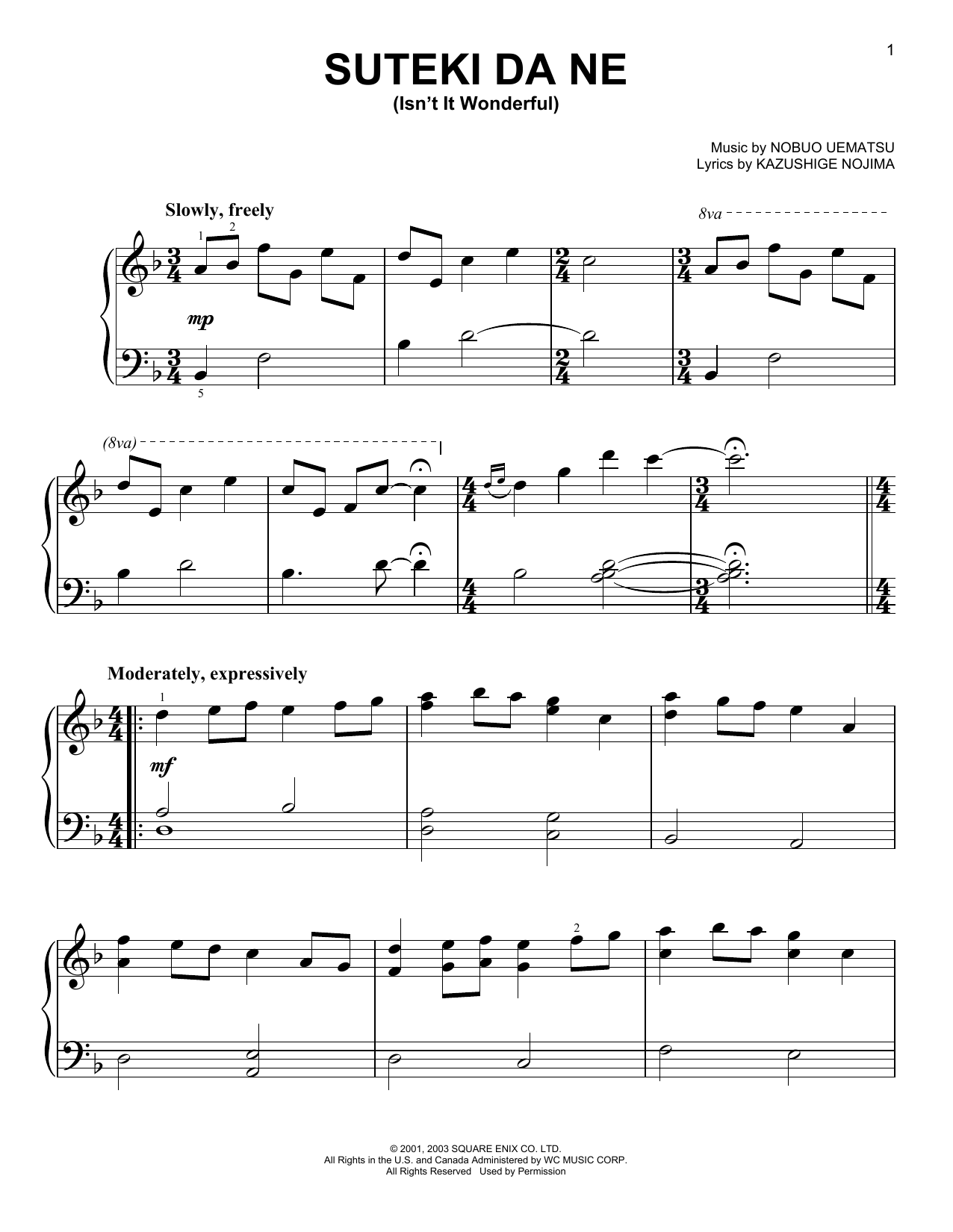 Learn to play Nobuo Uematsu Suteki Da Ne (Isn't It Wonderful) (from Final Fantasy X) sheet music for Easy Piano in minutes. Price: 6.9900$ Nobuo Uematsu Suteki Da Ne (Isn't It Wonderful) (from Final Fantasy X) sheet music notes and chords arranged for Easy Piano