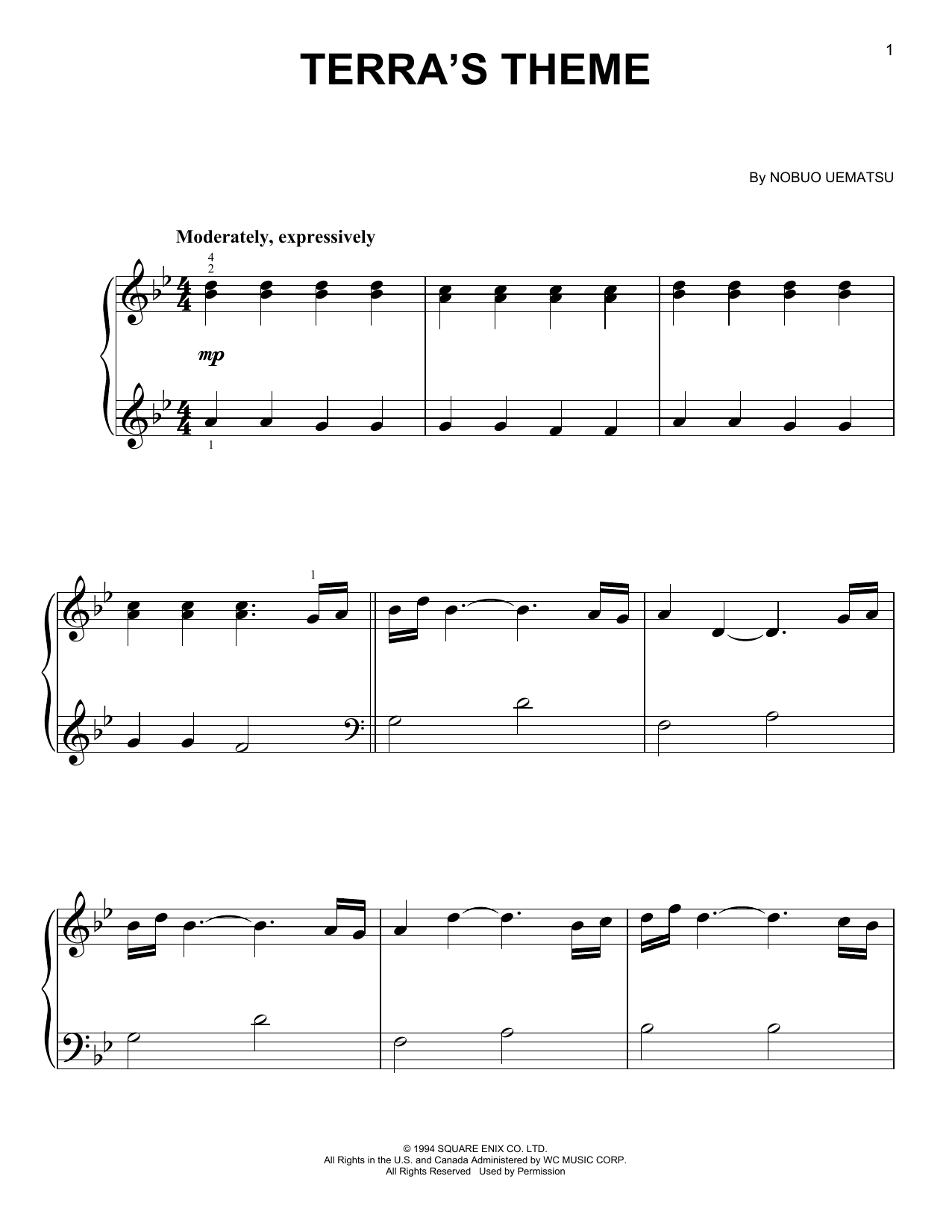 Nobuo Uematsu Terra's Theme (from Final Fantasy IV) sheet music notes and chords arranged for Easy Piano