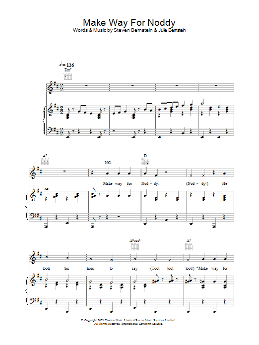 Learn to play Noddy Make Way For Noddy sheet music for Piano, Vocal & Guitar Chords in minutes. Price: 7.8900$ Noddy Make Way For Noddy sheet music notes and chords arranged for Piano, Vocal & Guitar Chords