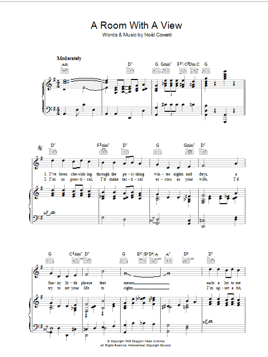 Learn to play Noel Coward A Room With A View sheet music for Piano, Vocal & Guitar Chords in minutes. Price: 7.8900$ Noel Coward A Room With A View sheet music notes and chords arranged for Piano, Vocal & Guitar Chords