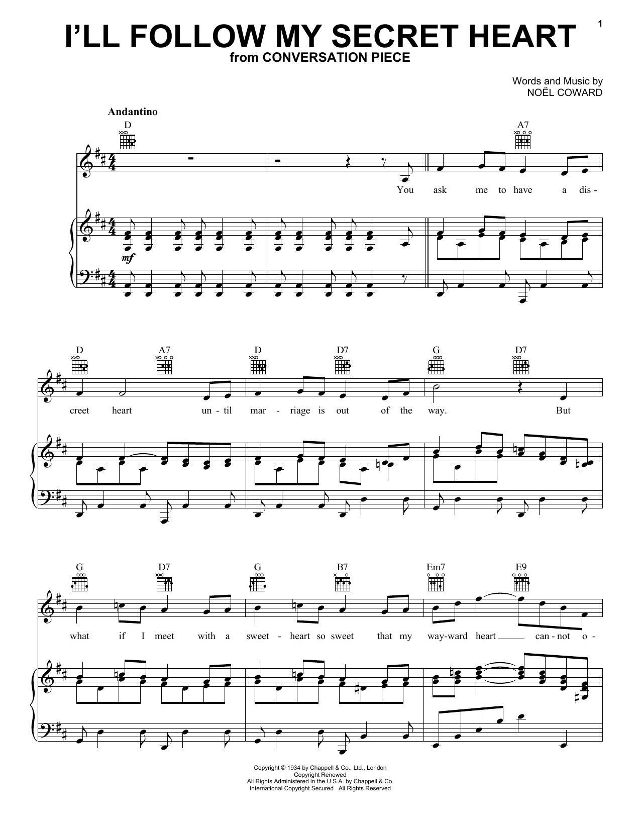 Noel Coward I'll Follow My Secret Heart sheet music notes and chords. Download Printable PDF.