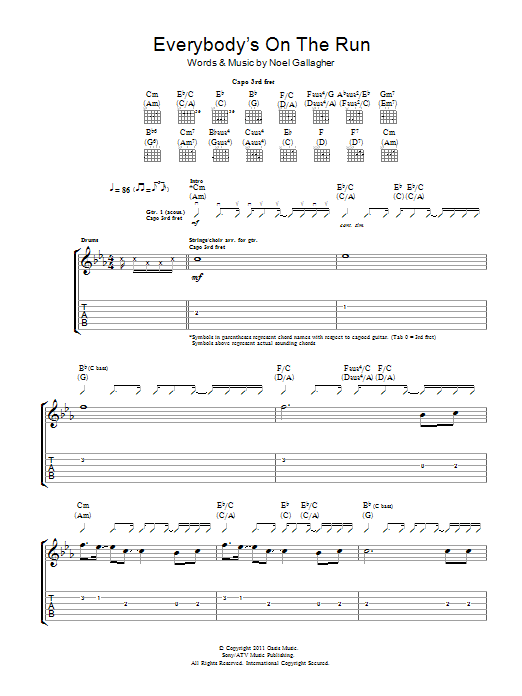 Noel Gallagher's High Flying Birds Everybody's On The Run sheet music notes and chords. Download Printable PDF.