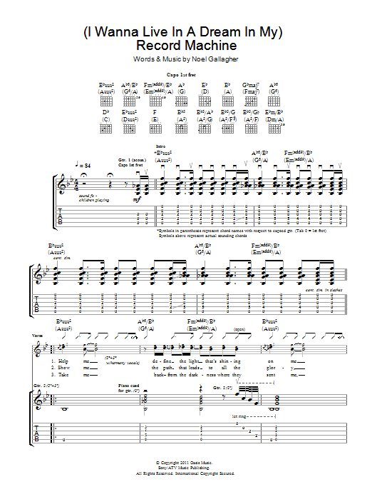 Learn to play Noel Gallagher's High Flying Birds (I Wanna Live In A Dream In My) Record Machine sheet music for Guitar Tab in minutes. Price: 7.8900$ Noel Gallagher's High Flying Birds (I Wanna Live In A Dream In My) Record Machine sheet music notes and chords arranged for Guitar Tab