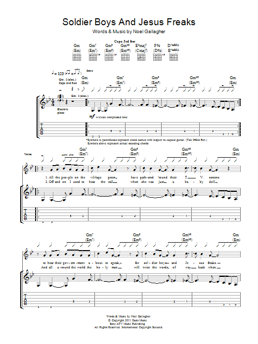 Learn to play Noel Gallagher's High Flying Birds Soldier Boys And Jesus Freaks sheet music for Guitar Tab in minutes. Price: 7.8900$ Noel Gallagher's High Flying Birds Soldier Boys And Jesus Freaks sheet music notes and chords arranged for Guitar Tab