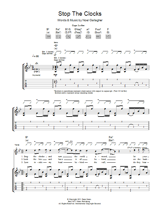 Learn to play Noel Gallagher's High Flying Birds Stop The Clocks sheet music for Guitar Tab in minutes. Price: 7.8900$ Noel Gallagher's High Flying Birds Stop The Clocks sheet music notes and chords arranged for Guitar Tab