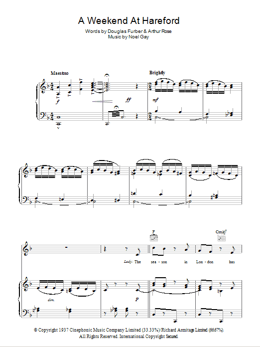 Learn to play Noel Gay A Weekend At Hareford (from Me And My Girl) sheet music for Piano, Vocal & Guitar Chords in minutes. Price: 7.8900$ Noel Gay A Weekend At Hareford (from Me And My Girl) sheet music notes and chords arranged for Piano, Vocal & Guitar Chords