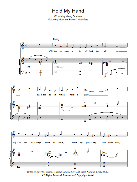 Learn to play Noel Gay Hold My Hand (from Me And My Girl) sheet music for Piano, Vocal & Guitar Chords in minutes. Price: 7.8900$ Noel Gay Hold My Hand (from Me And My Girl) sheet music notes and chords arranged for Piano, Vocal & Guitar Chords