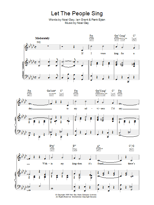 Learn to play Noel Gay Let The People Sing sheet music for Piano, Vocal & Guitar Chords in minutes. Price: 7.8900$ Noel Gay Let The People Sing sheet music notes and chords arranged for Piano, Vocal & Guitar Chords