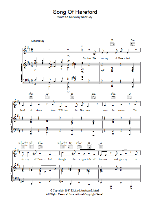Learn to play Noel Gay Song Of Hareford (from Me And My Girl) sheet music for Piano, Vocal & Guitar Chords in minutes. Price: 7.8900$ Noel Gay Song Of Hareford (from Me And My Girl) sheet music notes and chords arranged for Piano, Vocal & Guitar Chords