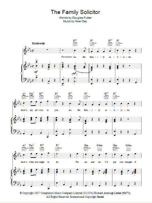 Learn to play Noel Gay The Family Solicitor (from Me And My Girl) sheet music for Piano, Vocal & Guitar Chords in minutes. Price: 7.8900$ Noel Gay The Family Solicitor (from Me And My Girl) sheet music notes and chords arranged for Piano, Vocal & Guitar Chords