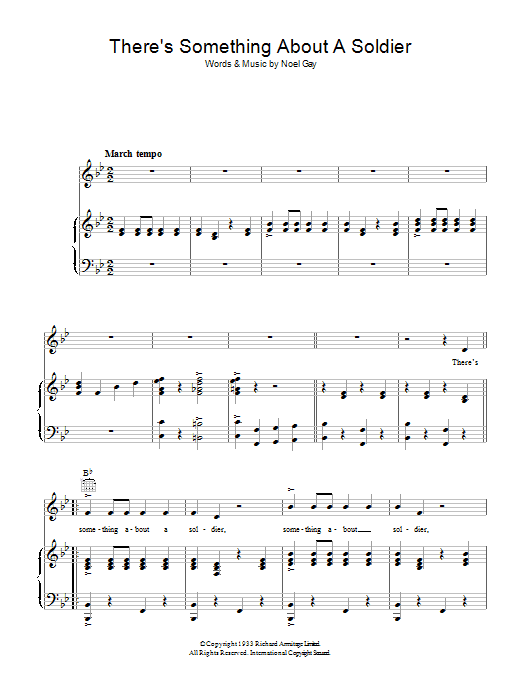 Learn to play Noel Gay There's Something About A Soldier sheet music for Piano, Vocal & Guitar Chords in minutes. Price: 7.8900$ Noel Gay There's Something About A Soldier sheet music notes and chords arranged for Piano, Vocal & Guitar Chords