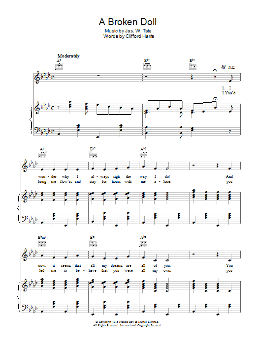 Learn to play Nora Bayes A Broken Doll sheet music for Piano, Vocal & Guitar Chords in minutes. Price: 7.8900$ Nora Bayes A Broken Doll sheet music notes and chords arranged for Piano, Vocal & Guitar Chords