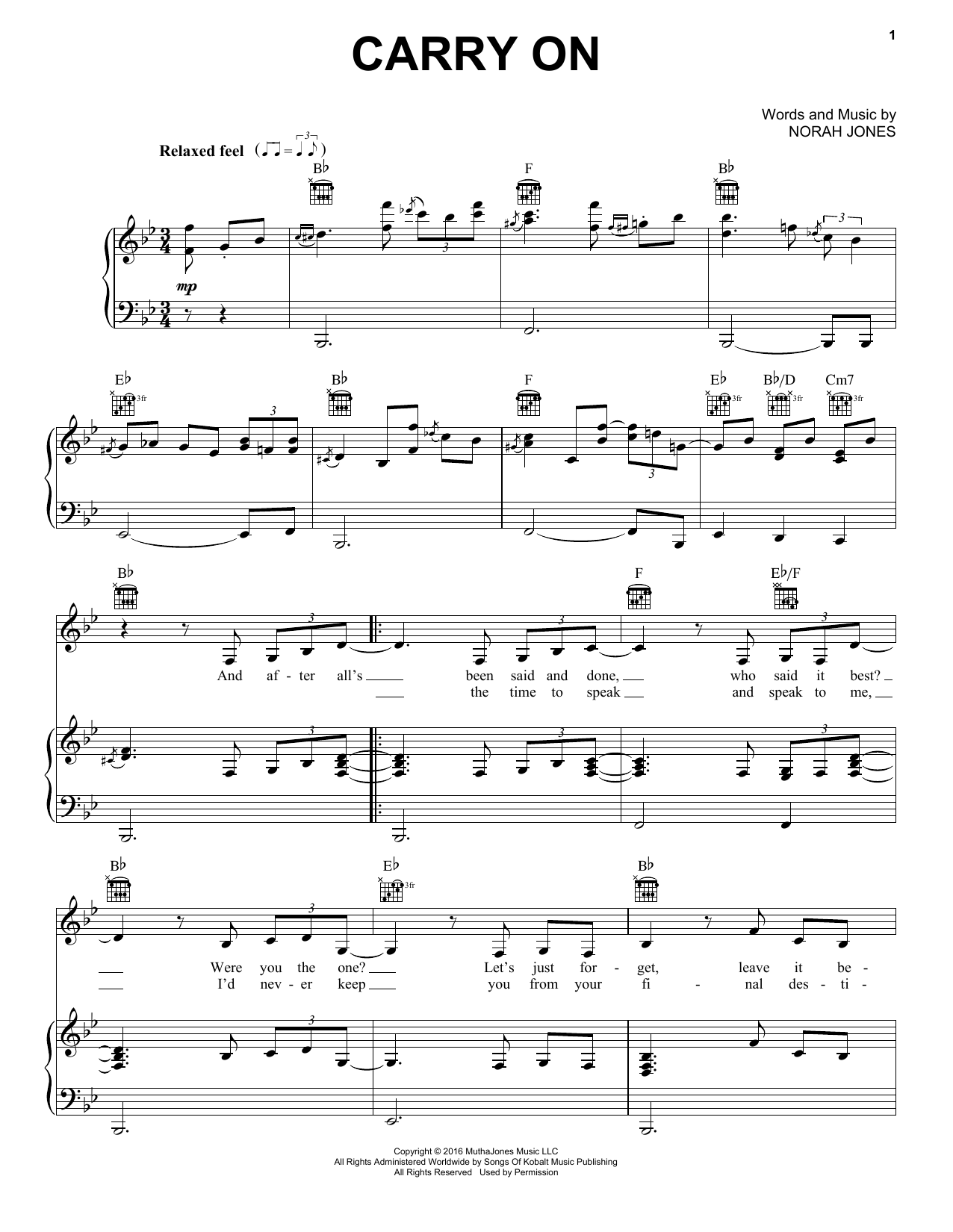 Norah Jones Carry On sheet music notes and chords. Download Printable PDF.