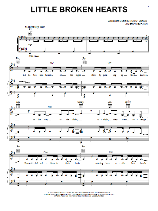Learn to play Norah Jones Little Broken Hearts sheet music for Piano, Vocal & Guitar Chords (Right-Hand Melody) in minutes. Price: 7.8900$ Norah Jones Little Broken Hearts sheet music notes and chords arranged for Piano, Vocal & Guitar Chords (Right-Hand Melody)