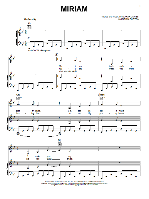 Learn to play Norah Jones Miriam sheet music for Piano, Vocal & Guitar Chords (Right-Hand Melody) in minutes. Price: 7.8900$ Norah Jones Miriam sheet music notes and chords arranged for Piano, Vocal & Guitar Chords (Right-Hand Melody)