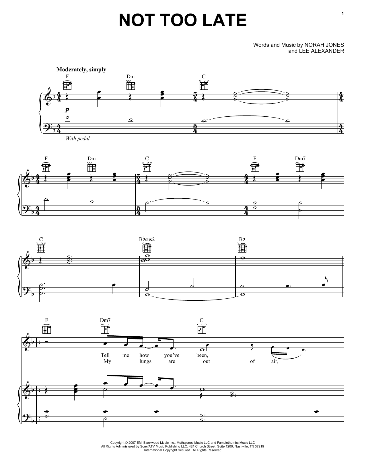 Norah Jones Not Too Late sheet music notes and chords. Download Printable PDF.