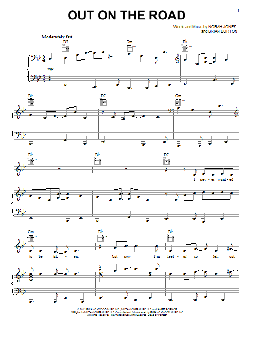 Learn to play Norah Jones Out On The Road sheet music for Piano, Vocal & Guitar Chords (Right-Hand Melody) in minutes. Price: 7.8900$ Norah Jones Out On The Road sheet music notes and chords arranged for Piano, Vocal & Guitar Chords (Right-Hand Melody)
