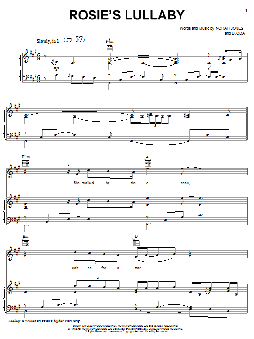 Learn to play Norah Jones Rosie's Lullaby sheet music for Piano, Vocal & Guitar Chords (Right-Hand Melody) in minutes. Price: 7.8900$ Norah Jones Rosie's Lullaby sheet music notes and chords arranged for Piano, Vocal & Guitar Chords (Right-Hand Melody)