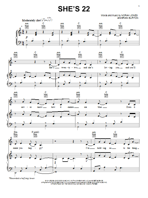 Learn to play Norah Jones She's 22 sheet music for Piano, Vocal & Guitar Chords (Right-Hand Melody) in minutes. Price: 7.8900$ Norah Jones She's 22 sheet music notes and chords arranged for Piano, Vocal & Guitar Chords (Right-Hand Melody)