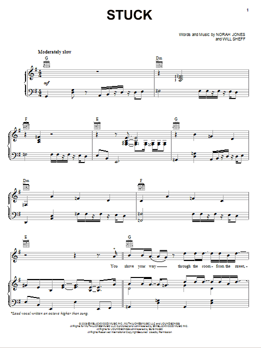 Learn to play Norah Jones Stuck sheet music for Piano, Vocal & Guitar Chords (Right-Hand Melody) in minutes. Price: 7.8900$ Norah Jones Stuck sheet music notes and chords arranged for Piano, Vocal & Guitar Chords (Right-Hand Melody)
