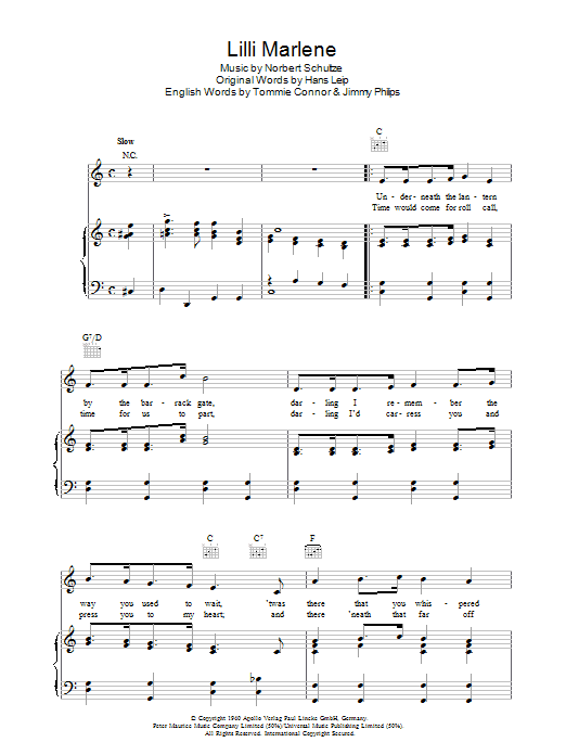 Learn to play Norbert Schultze Lilli Marlene sheet music for Piano, Vocal & Guitar Chords in minutes. Price: 7.8900$ Norbert Schultze Lilli Marlene sheet music notes and chords arranged for Piano, Vocal & Guitar Chords