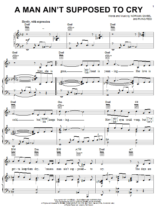Learn to play Norman Gimbel A Man Ain't Supposed To Cry sheet music for Piano, Vocal & Guitar Chords (Right-Hand Melody) in minutes. Price: 7.8900$ Norman Gimbel A Man Ain't Supposed To Cry sheet music notes and chords arranged for Piano, Vocal & Guitar Chords (Right-Hand Melody)