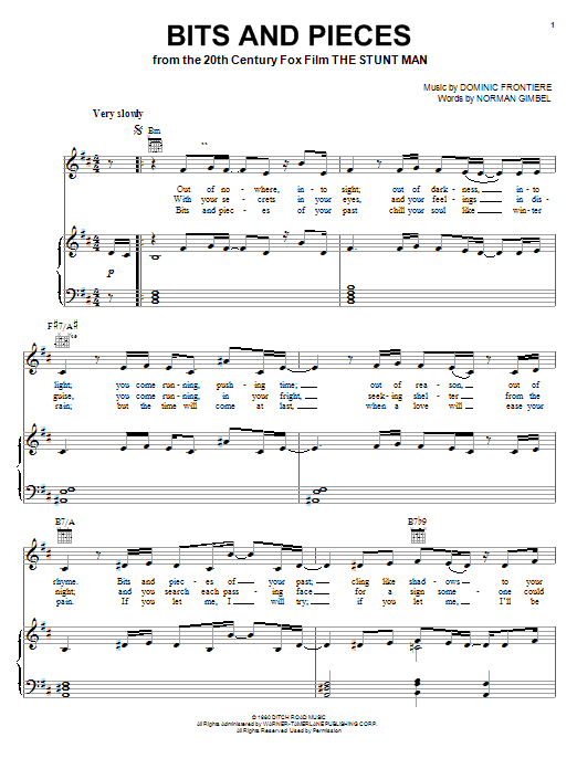 Learn to play Norman Gimbel Bits And Pieces sheet music for Piano, Vocal & Guitar Chords (Right-Hand Melody) in minutes. Price: 7.8900$ Norman Gimbel Bits And Pieces sheet music notes and chords arranged for Piano, Vocal & Guitar Chords (Right-Hand Melody)