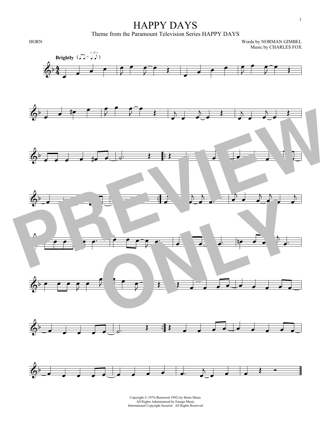 Charles Fox Happy Days (from the TV series) sheet music notes and chords. Download Printable PDF.