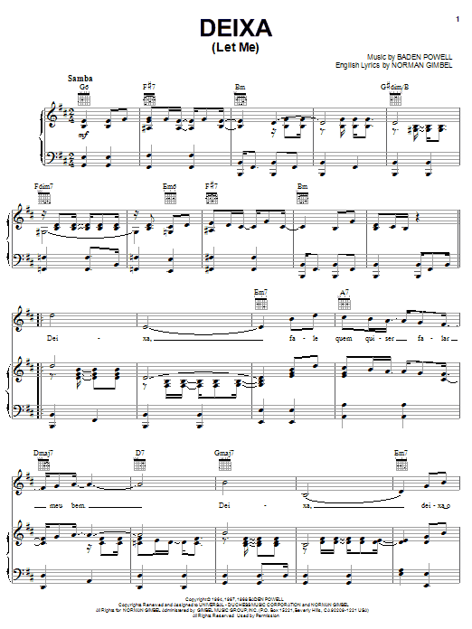 Learn to play Norman Gimbel Deixa (Let Me) sheet music for Piano, Vocal & Guitar Chords (Right-Hand Melody) in minutes. Price: 7.8900$ Norman Gimbel Deixa (Let Me) sheet music notes and chords arranged for Piano, Vocal & Guitar Chords (Right-Hand Melody)