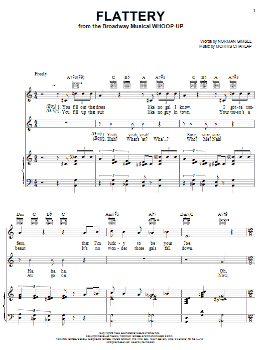 Learn to play Norman Gimbel Flattery sheet music for Piano, Vocal & Guitar Chords (Right-Hand Melody) in minutes. Price: 7.8900$ Norman Gimbel Flattery sheet music notes and chords arranged for Piano, Vocal & Guitar Chords (Right-Hand Melody)