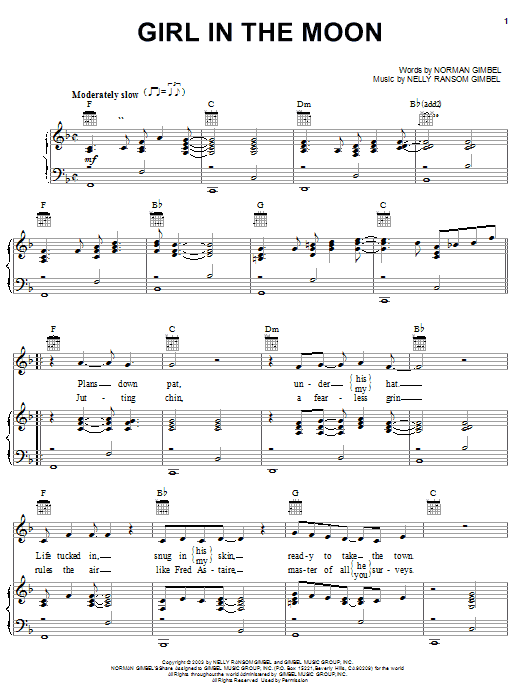 Learn to play Norman Gimbel Girl In The Moon sheet music for Piano, Vocal & Guitar Chords (Right-Hand Melody) in minutes. Price: 7.8900$ Norman Gimbel Girl In The Moon sheet music notes and chords arranged for Piano, Vocal & Guitar Chords (Right-Hand Melody)