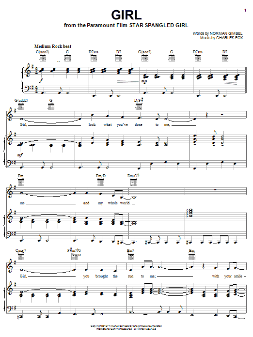 Learn to play Norman Gimbel Girl sheet music for Piano, Vocal & Guitar Chords (Right-Hand Melody) in minutes. Price: 7.8900$ Norman Gimbel Girl sheet music notes and chords arranged for Piano, Vocal & Guitar Chords (Right-Hand Melody)