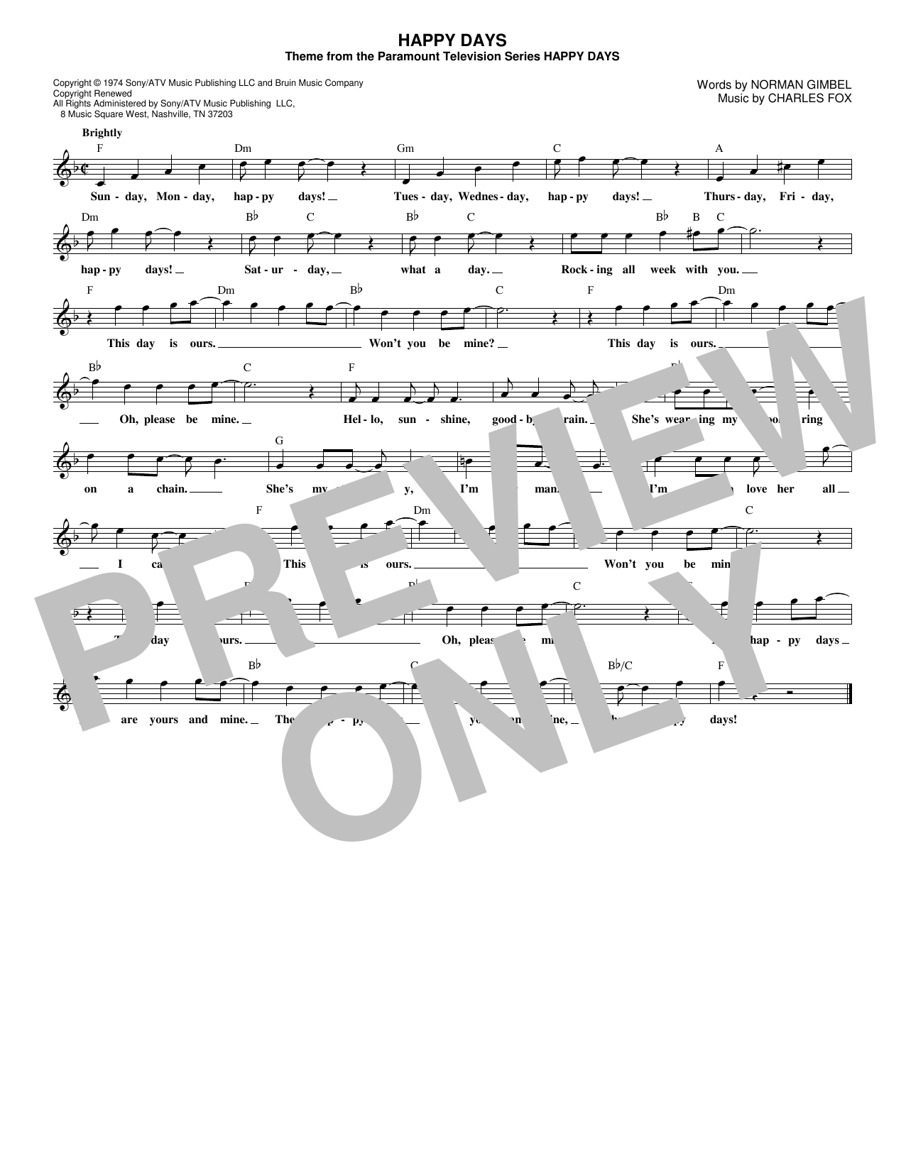 Charles Fox Happy Days (from the TV series) sheet music notes and chords arranged for Piano, Vocal & Guitar Chords