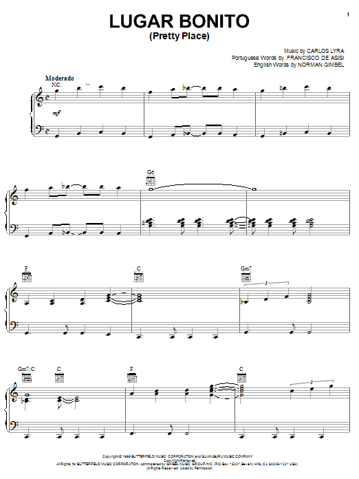 Learn to play Norman Gimbel Lugar Bonito (Pretty Place) sheet music for Piano, Vocal & Guitar Chords (Right-Hand Melody) in minutes. Price: 7.8900$ Norman Gimbel Lugar Bonito (Pretty Place) sheet music notes and chords arranged for Piano, Vocal & Guitar Chords (Right-Hand Melody)