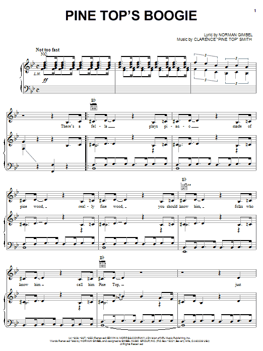 Learn to play Norman Gimbel Pine Top's Boogie sheet music for Piano, Vocal & Guitar Chords (Right-Hand Melody) in minutes. Price: 7.8900$ Norman Gimbel Pine Top's Boogie sheet music notes and chords arranged for Piano, Vocal & Guitar Chords (Right-Hand Melody)